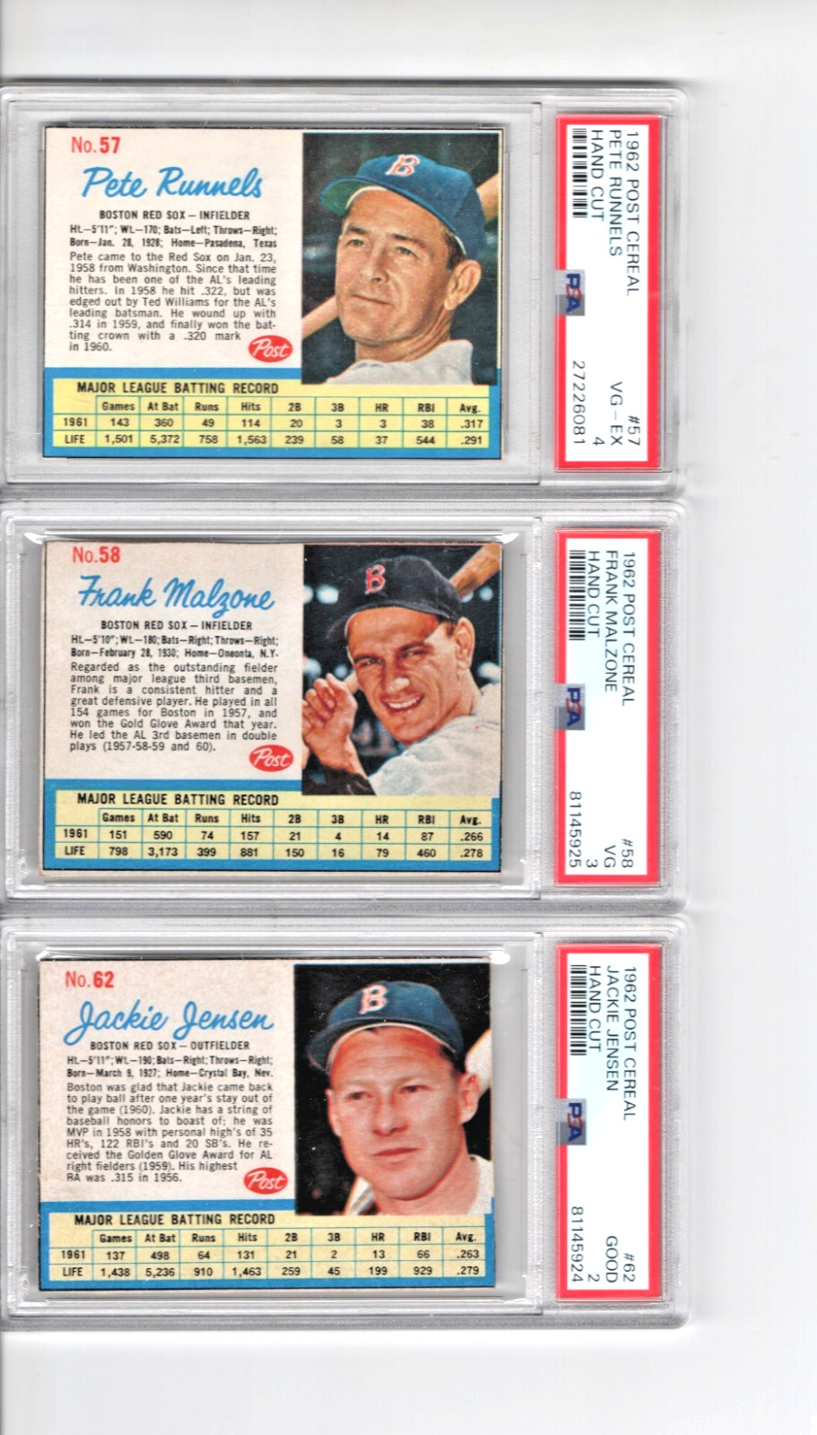 1962 POST CEREAL 3 CARD LOT RUNNELS, MALZONE, JENSEN PSA TOUGH FRESHLY GRADED