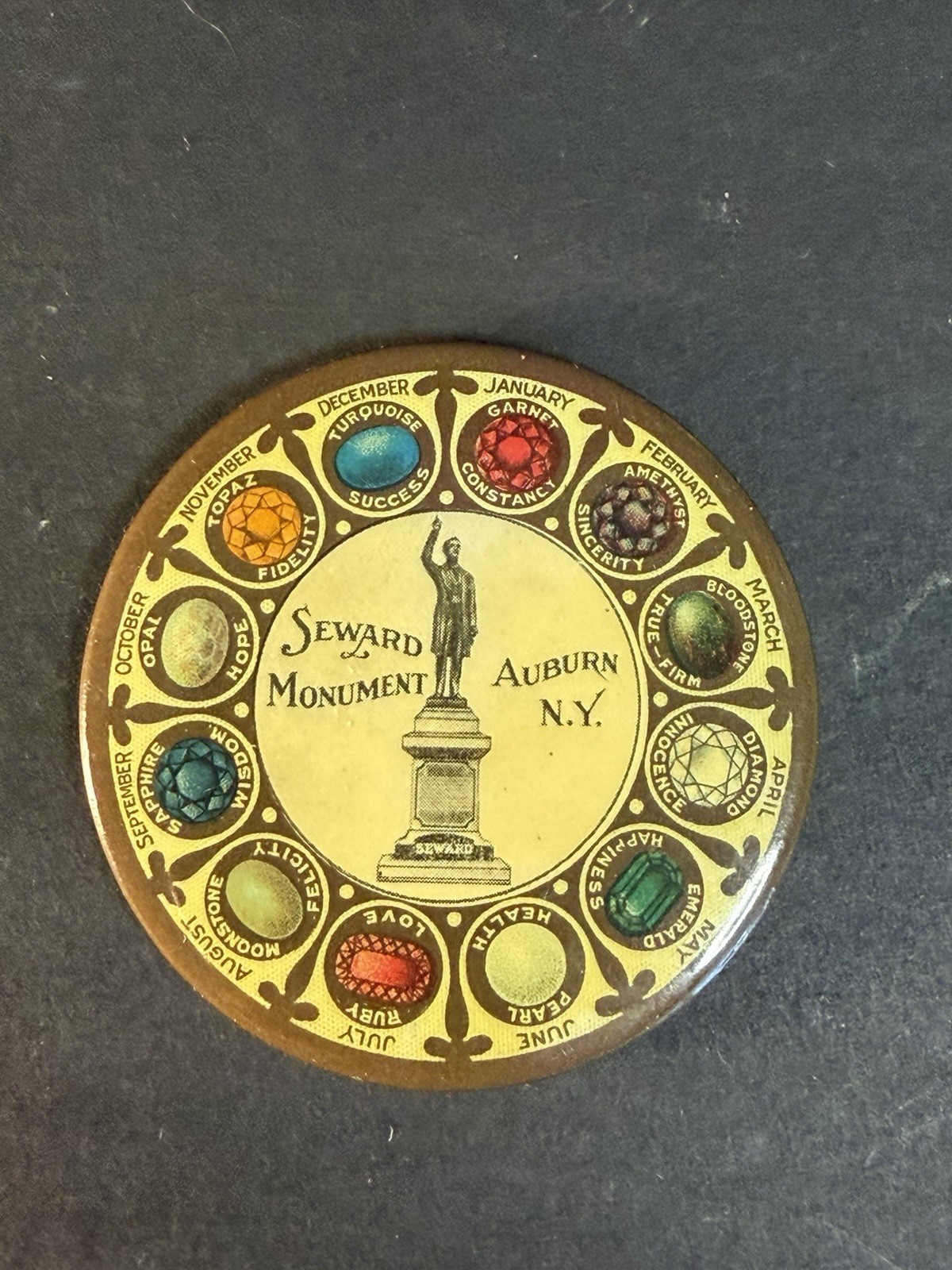 Antique Celluloid Seward Monument Auburn NY Birthstone Pocket Mirror