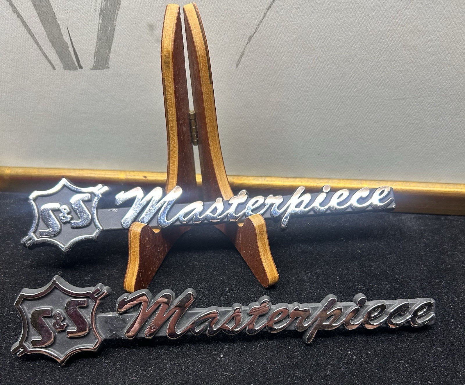 Vintage S&S Masterpiece Emblem Pair Cadillac Hearse Coach Automobile Plaques OEM