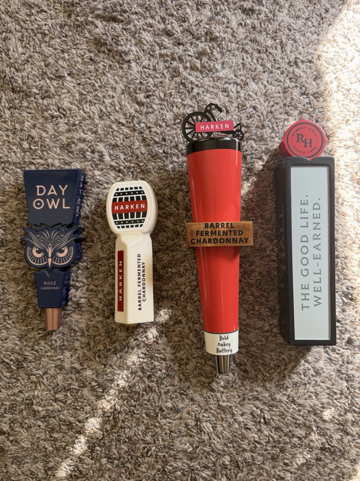 4 Brand New Wine Tap Handles - Day Owl Rosé, Harken Chardonnay, Robert Hall