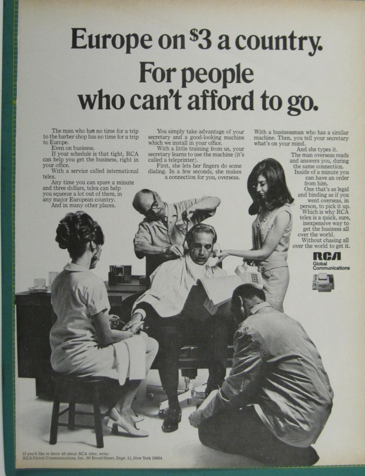 Print Ad Europe On $3 A Country RCA Global International Telex Vintage 1960s