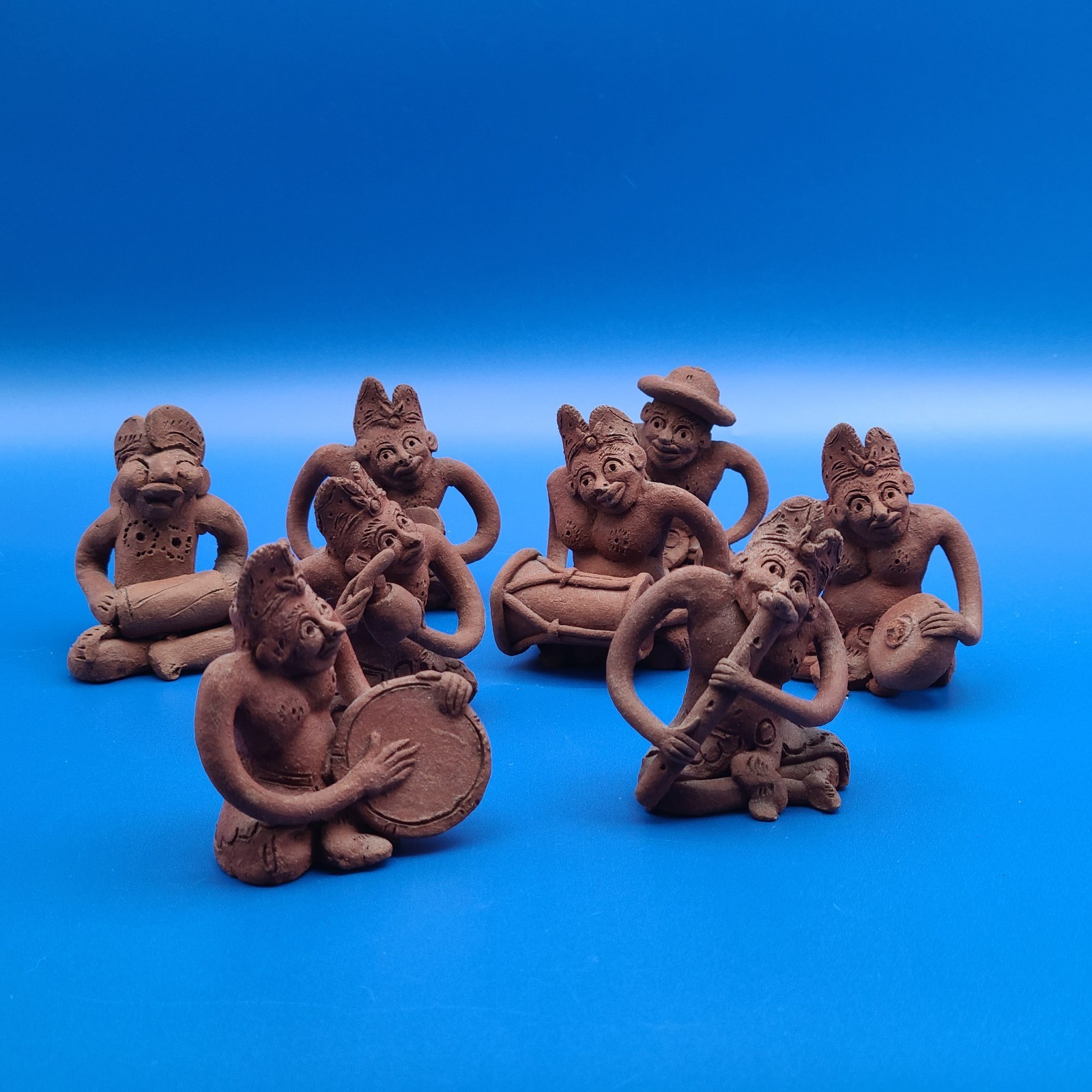 Set of 8 Vintage Mexican Folk Art Terracotta Figurines Musicians Farmer FREESHIP