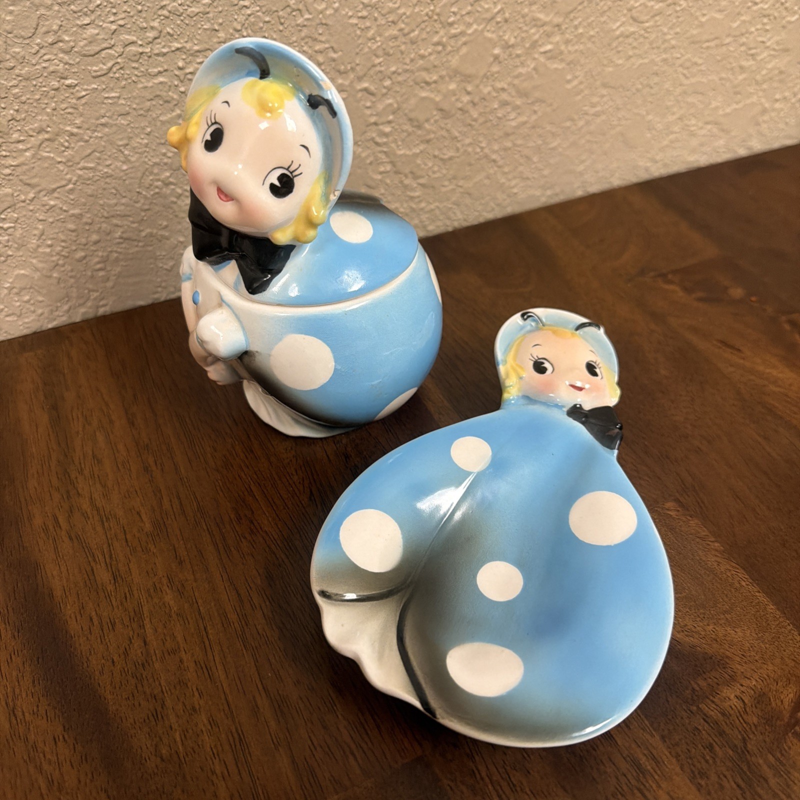 RARE VTG Northern Imports Blue Ladybug Sugar And Spoon Rest Anthropomorphic Set