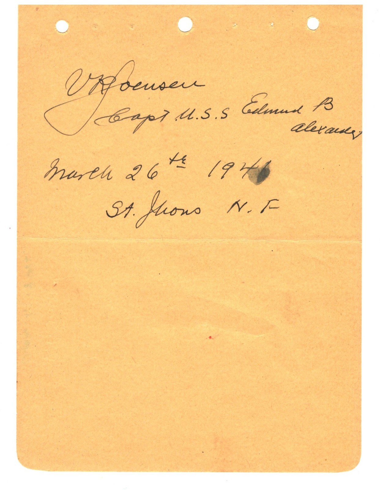 CAPT. WILLIAM JOESEN.AUTOGRAPH 1941.SAINT JOHNS NEWFOUNDLAND U.S.S. ALEXANDER