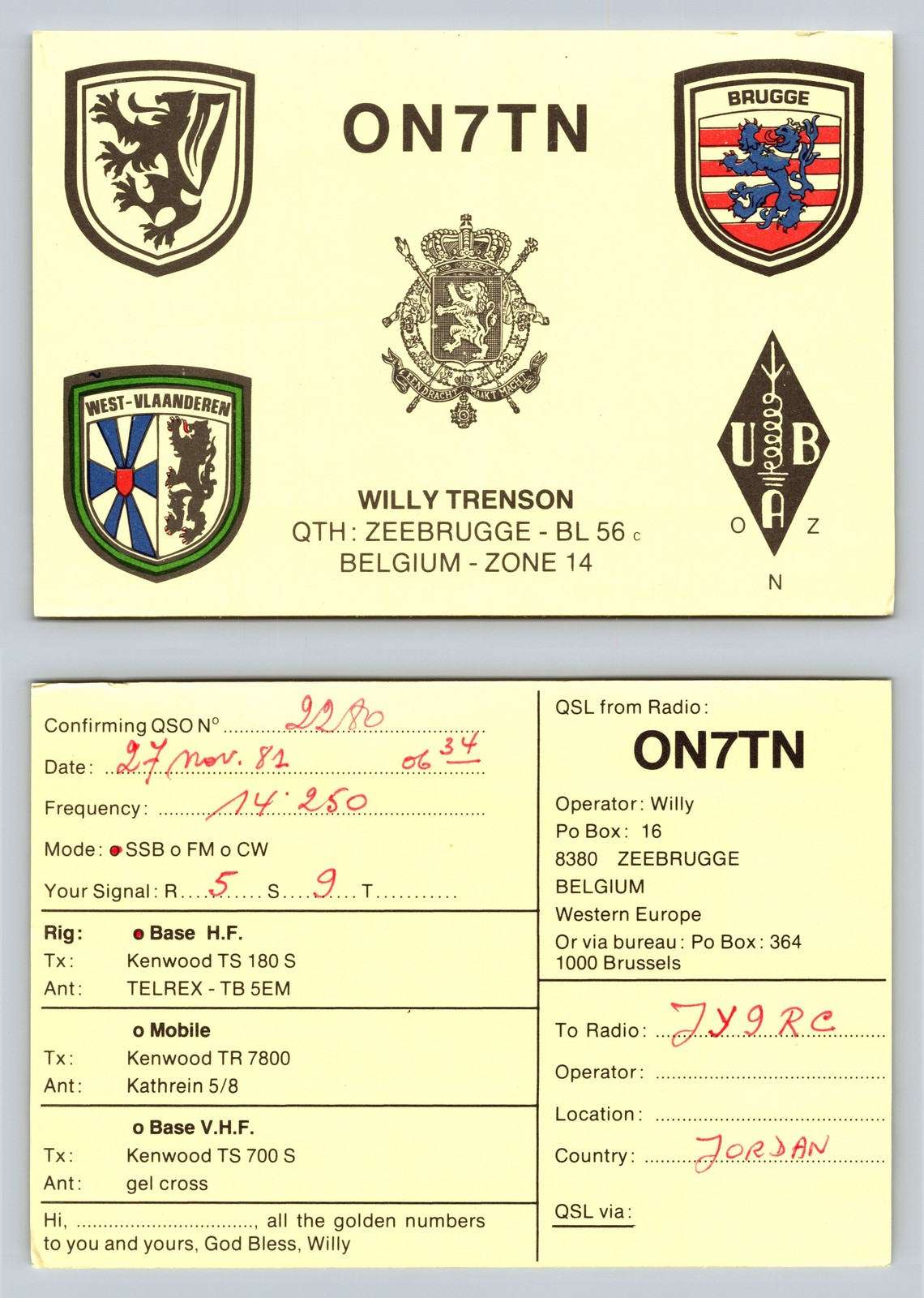 Ham Radio QSL QSO Postcard ON7TN, Zeebrugge, West Flanders, Belgium