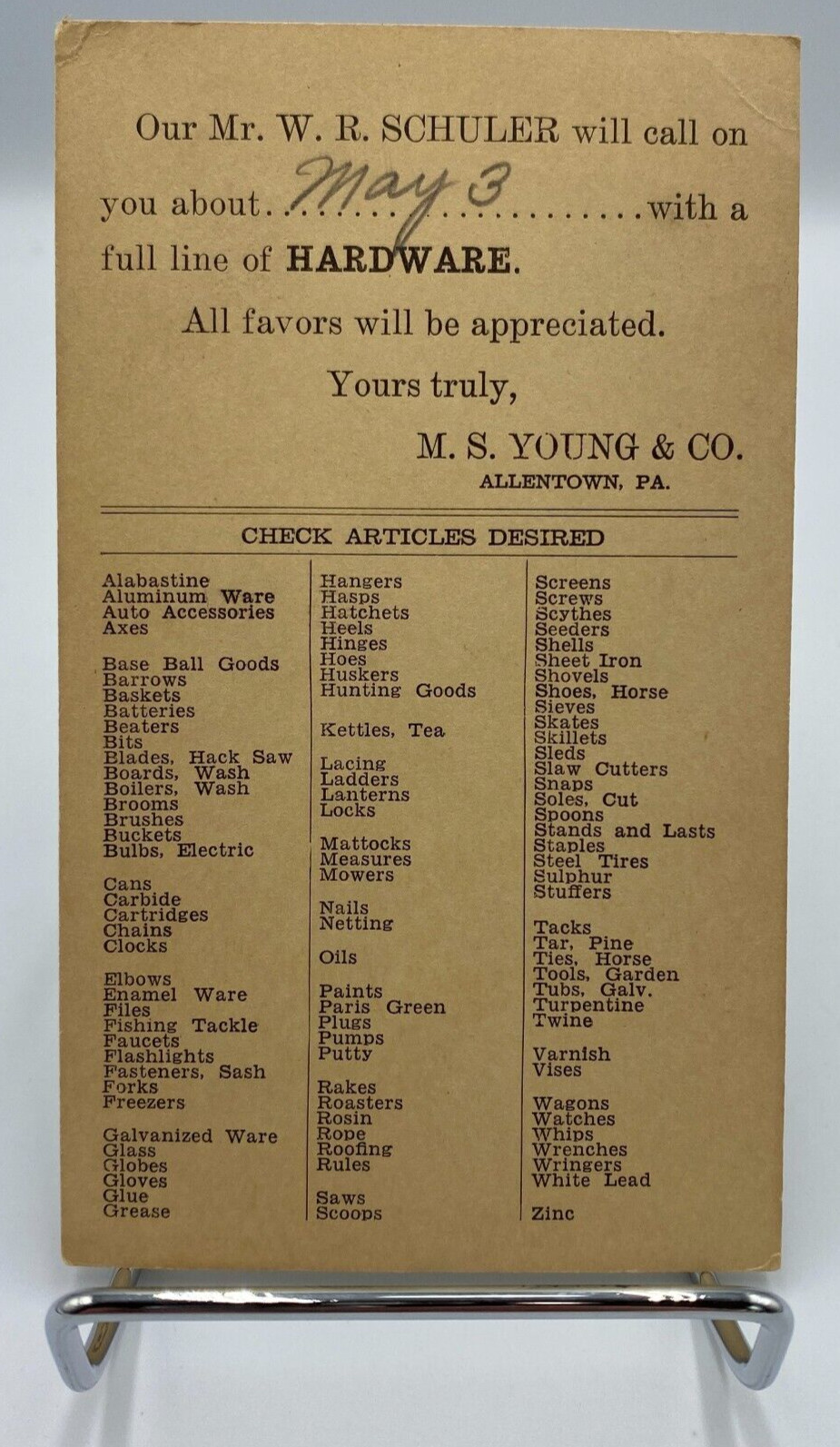 Vtg c.1930\'s-1940\'s M.S. Young & Hardware Co. Advertisement Postcard