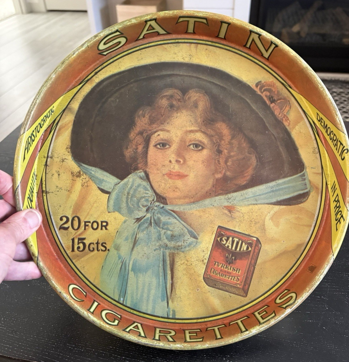 Vintage Mid Century Satin TurkishCigarettes Round Advertising Lithograph Tray