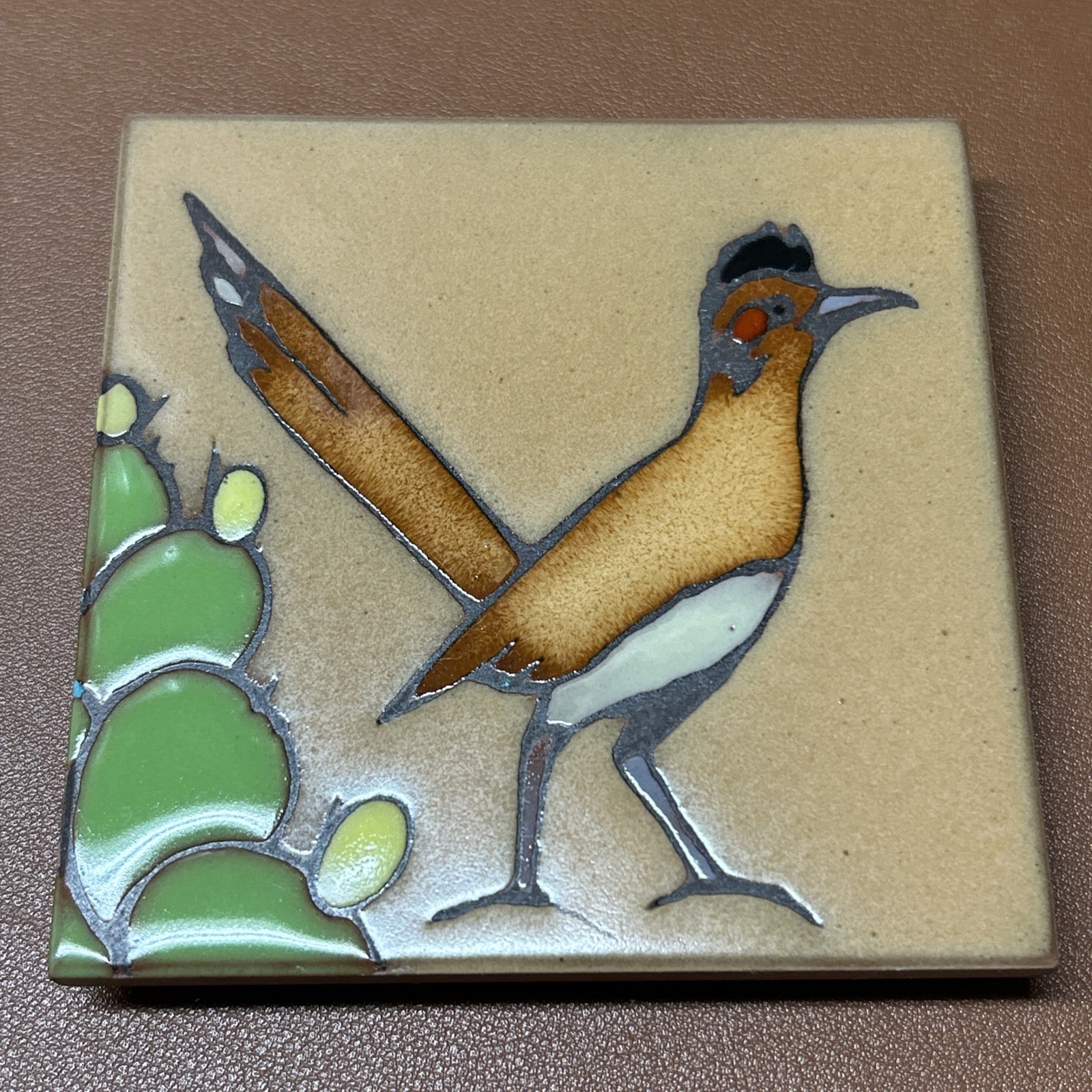 Vintage Masterworks Ceramic Tile Trivet Coaster Roadrunner Bird Prickly Pear