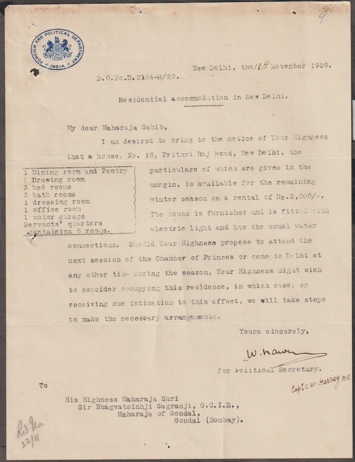 JN  India 1929 Foreign and Political Department Delhi Letter to Maharaja Gondal