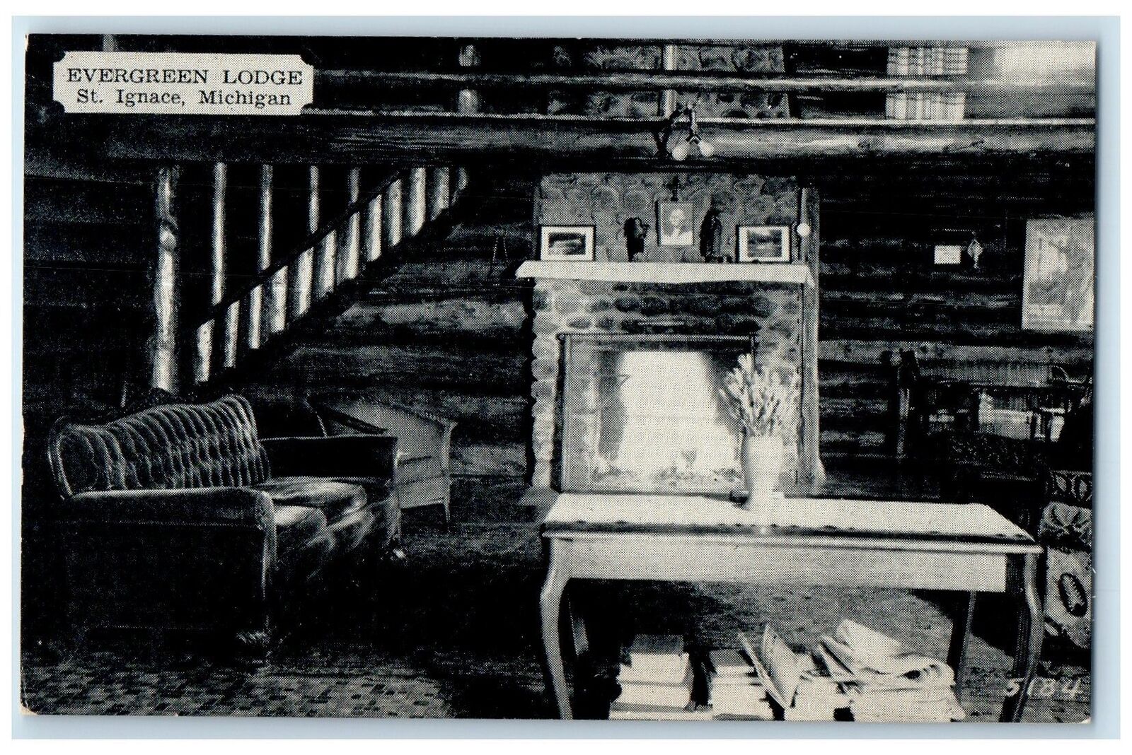 c1910\'s Evergreen Lodge Motel & Restaurants Lobby St. Ignace Michigan Postcard