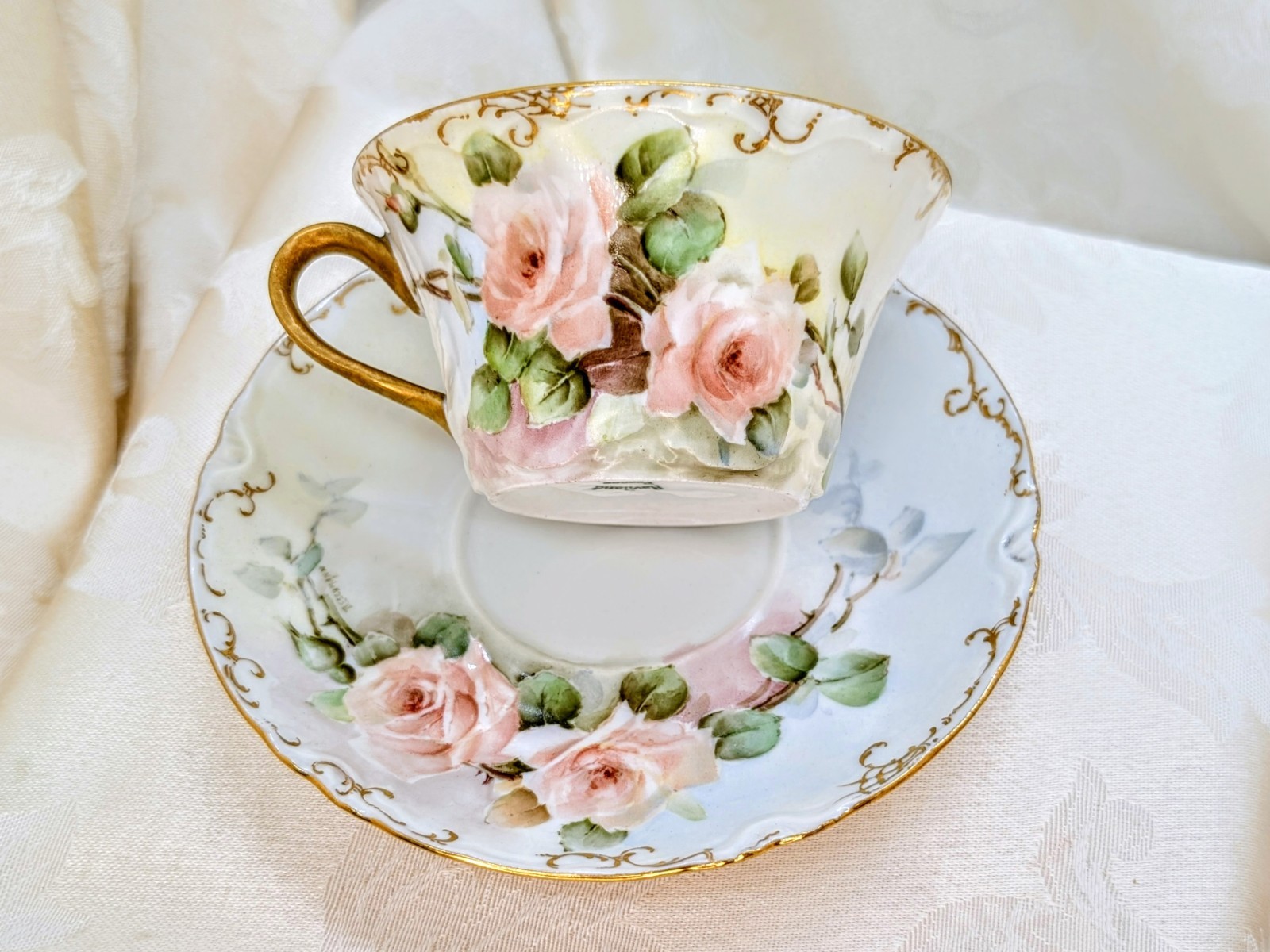 Rare Left Handed Haviland Limoges Cup Saucer Hobbyist Pink Rose Signed Beschmann