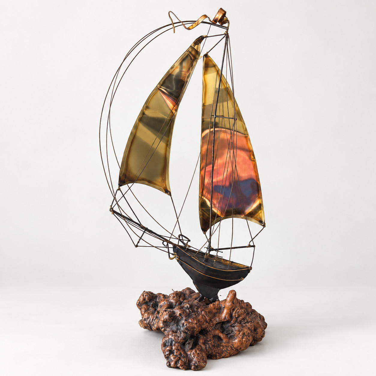Vintage MCM Metal Sailboat Sculpture Amber Sails Burl Wood Base