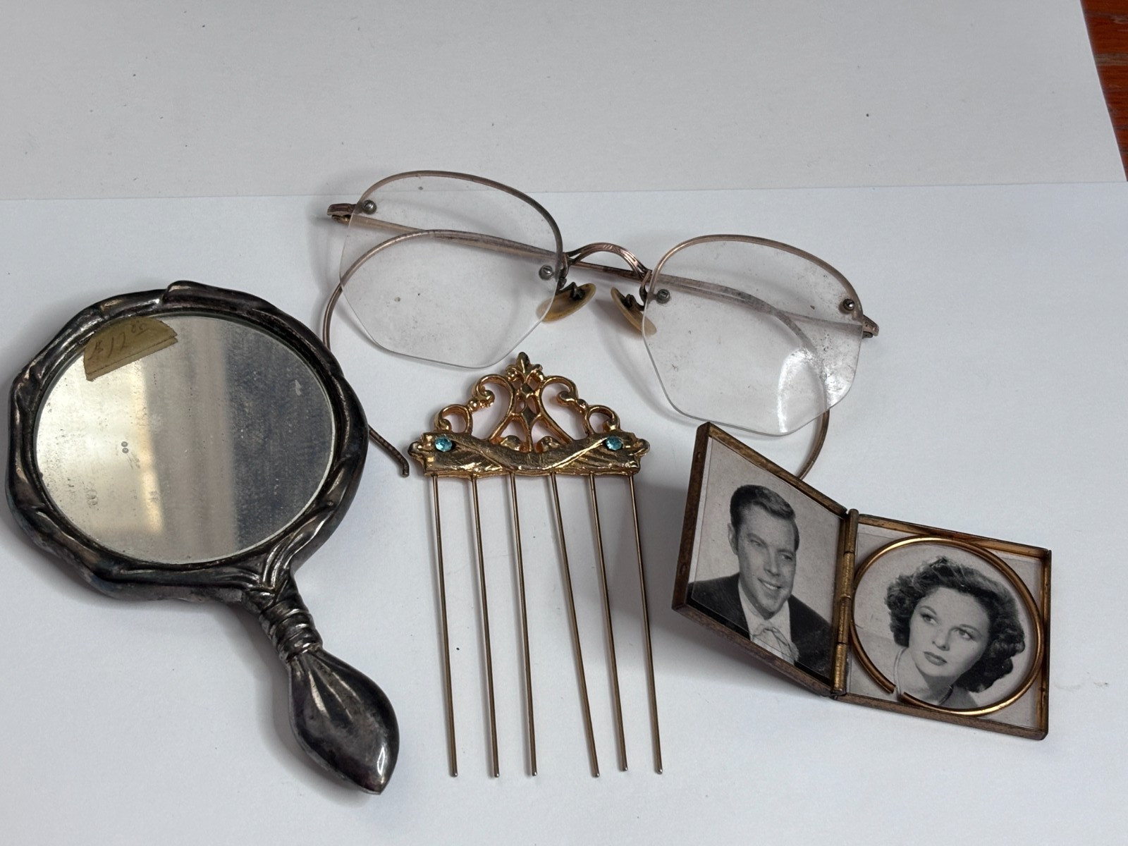 Vintage Grandma's Vanity Drawer 12K GF Spectacles, Hand Mirror, Hair Pin, Frame
