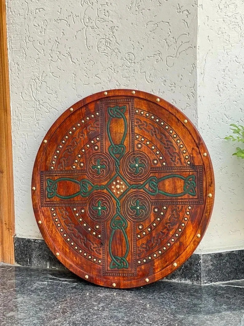 Handmade Scottish Targe Celtic Cross Wooden Shield Leather Viking Shield