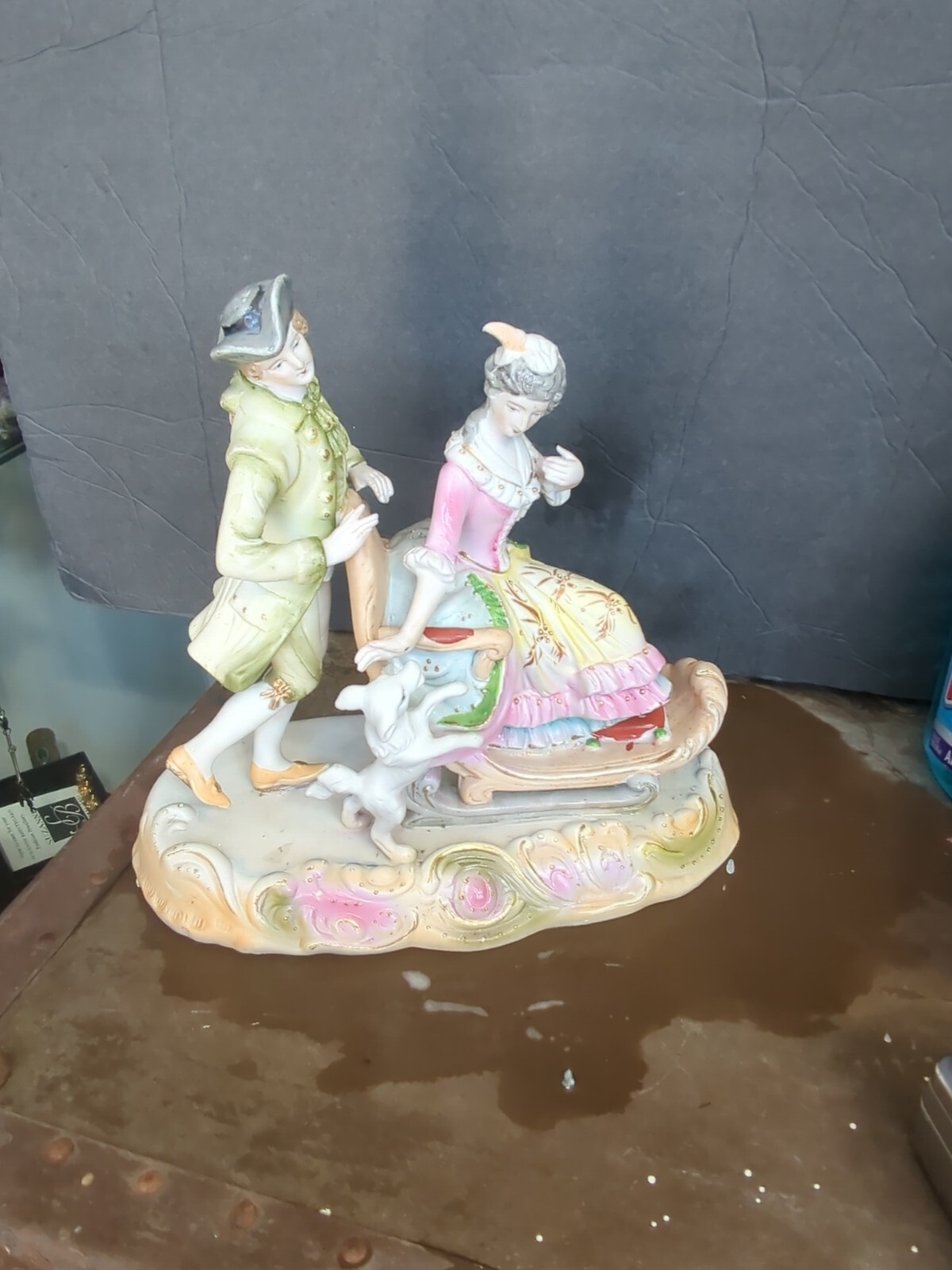 Antique Victorian Bisque Fancy lady man dog  Figures  Figurine German Statue