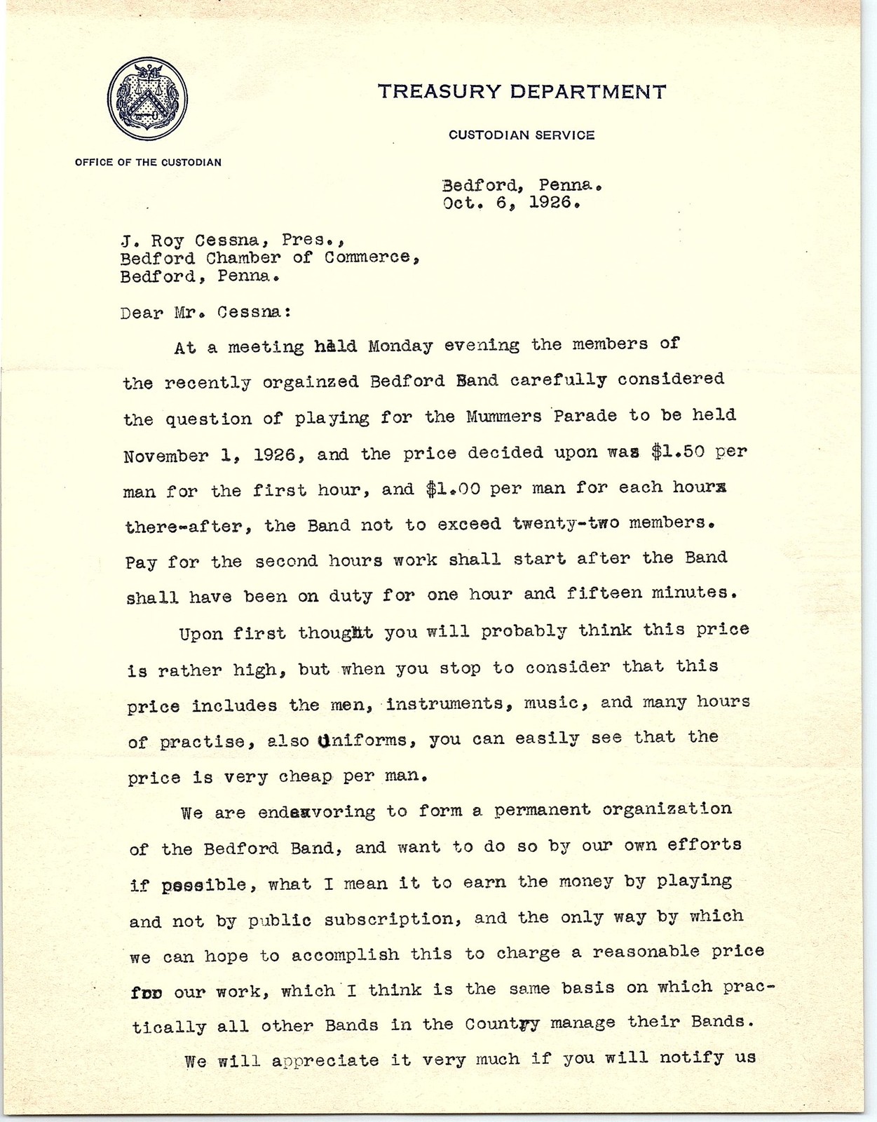 1926 Bedford PA Mummers Parade Band Organization Letter
