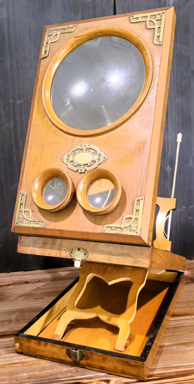 Antique Graphoscope Stereoscope Viewer – 19th‑Century Wooden Optical Device