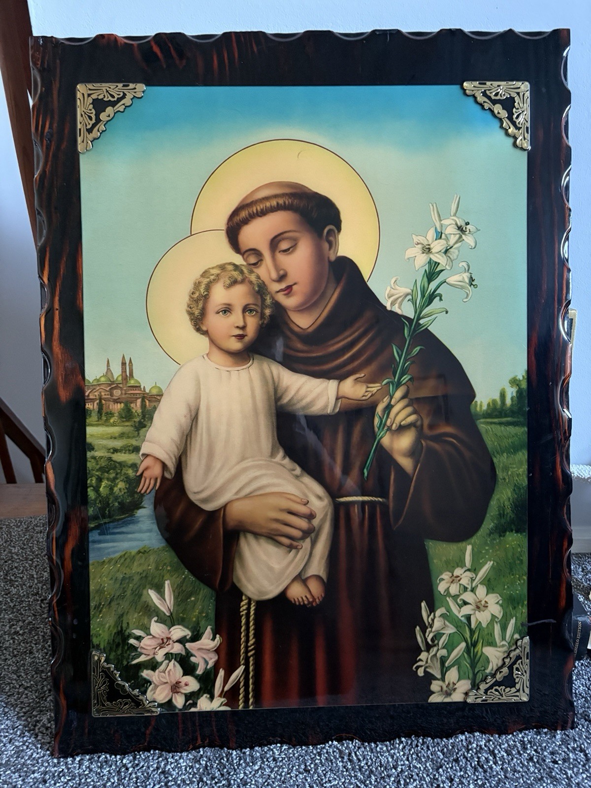 Vintage St. Anthony & Child Jesus Framed Catholic Wall Plaque Ornate Wood Frame
