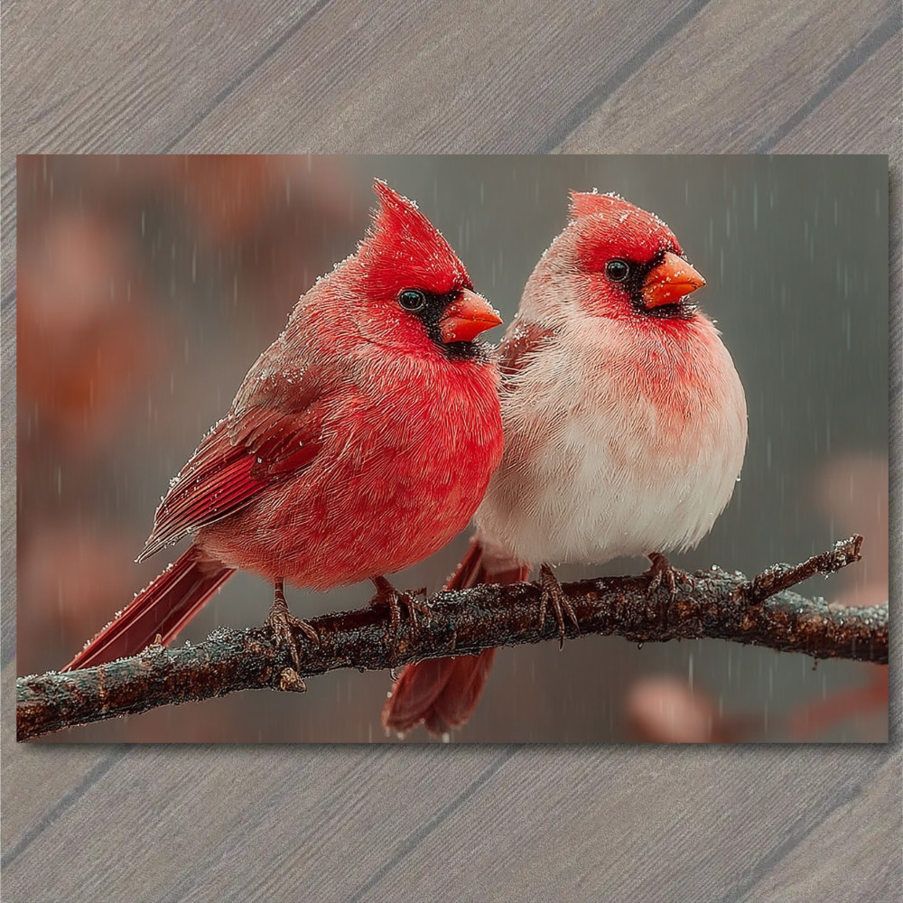 POSTCARD Pair of Cardinals Red and White Birds Rainy Branch Winter Wildlife Scen
