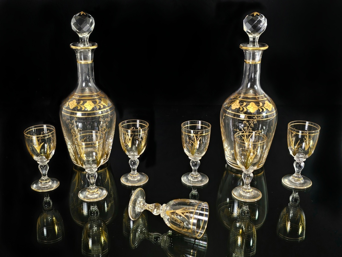 Antique French Crystal Decanter & Cordial Set — Gold Gilt — 9-Piece Set