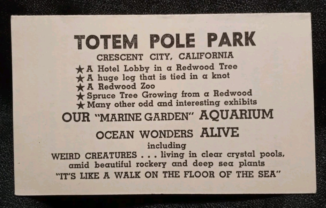 Vintage 1940s Totem Pole Park Crescent City, California Advertising Card RARE