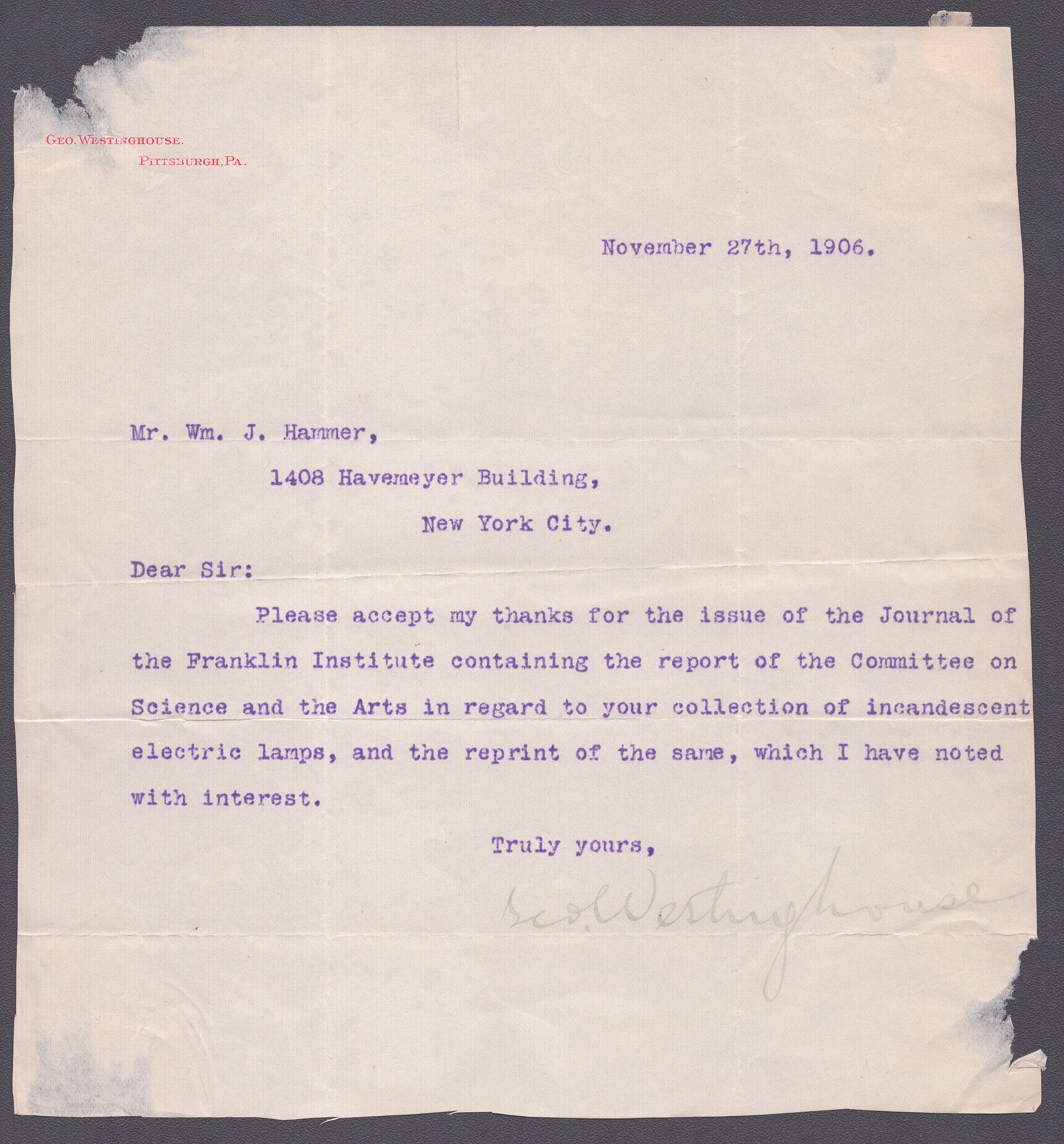 GEORGE WESTINGHOUSE JR. - TYPED LETTER SIGNED 11/27/1906