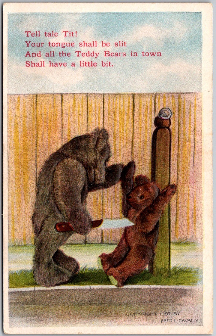 Antique Embossed Postcard FRED L CAVALLY Teddy Bear Tell Tale Tit