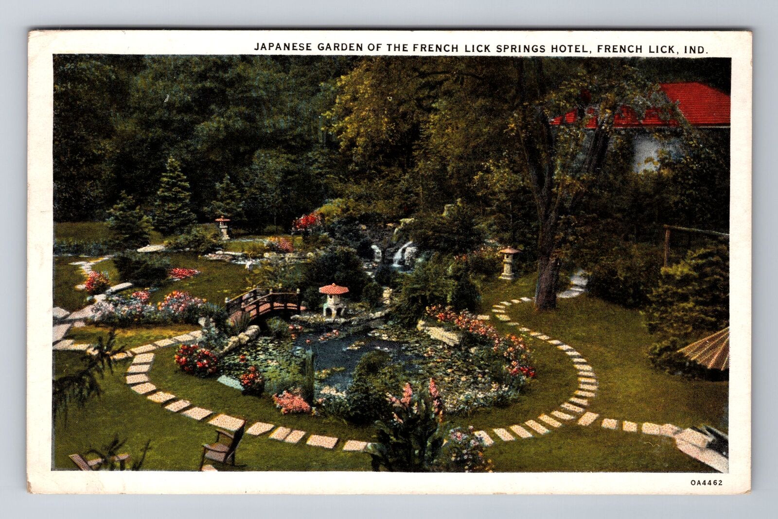 French Lick IN-Indiana, Springs Hotel Japanese Garden, Vintage c1932 Postcard