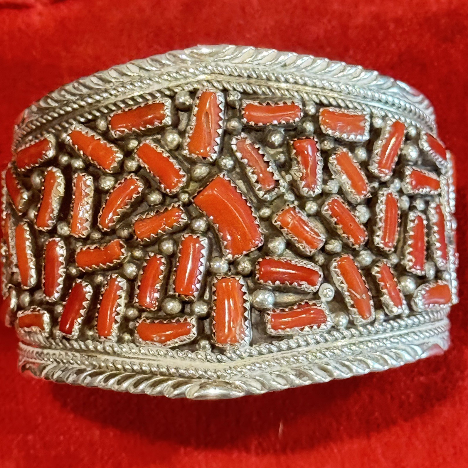 Large Native American Coral Cluster Cuff Bracelet 