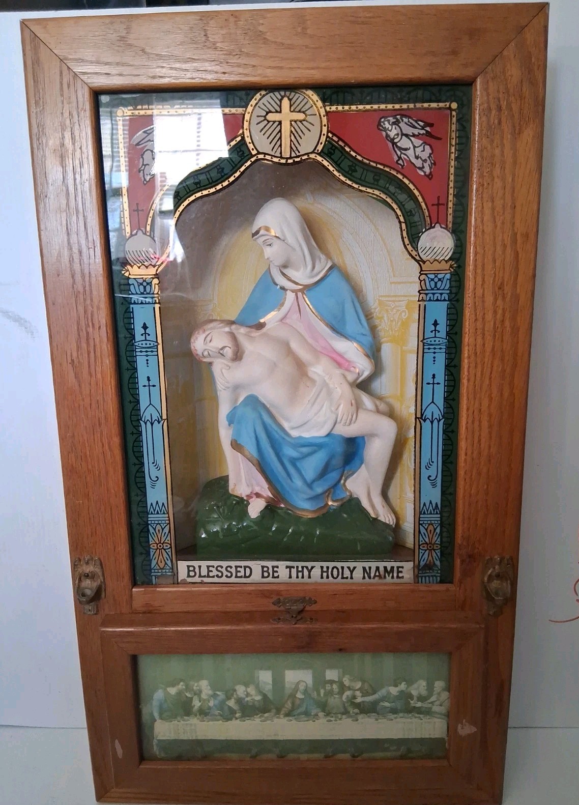 Antique Catholic Viaticum Sick Call Shrine Oak Pieta Last Rites Shadow PrayerBox