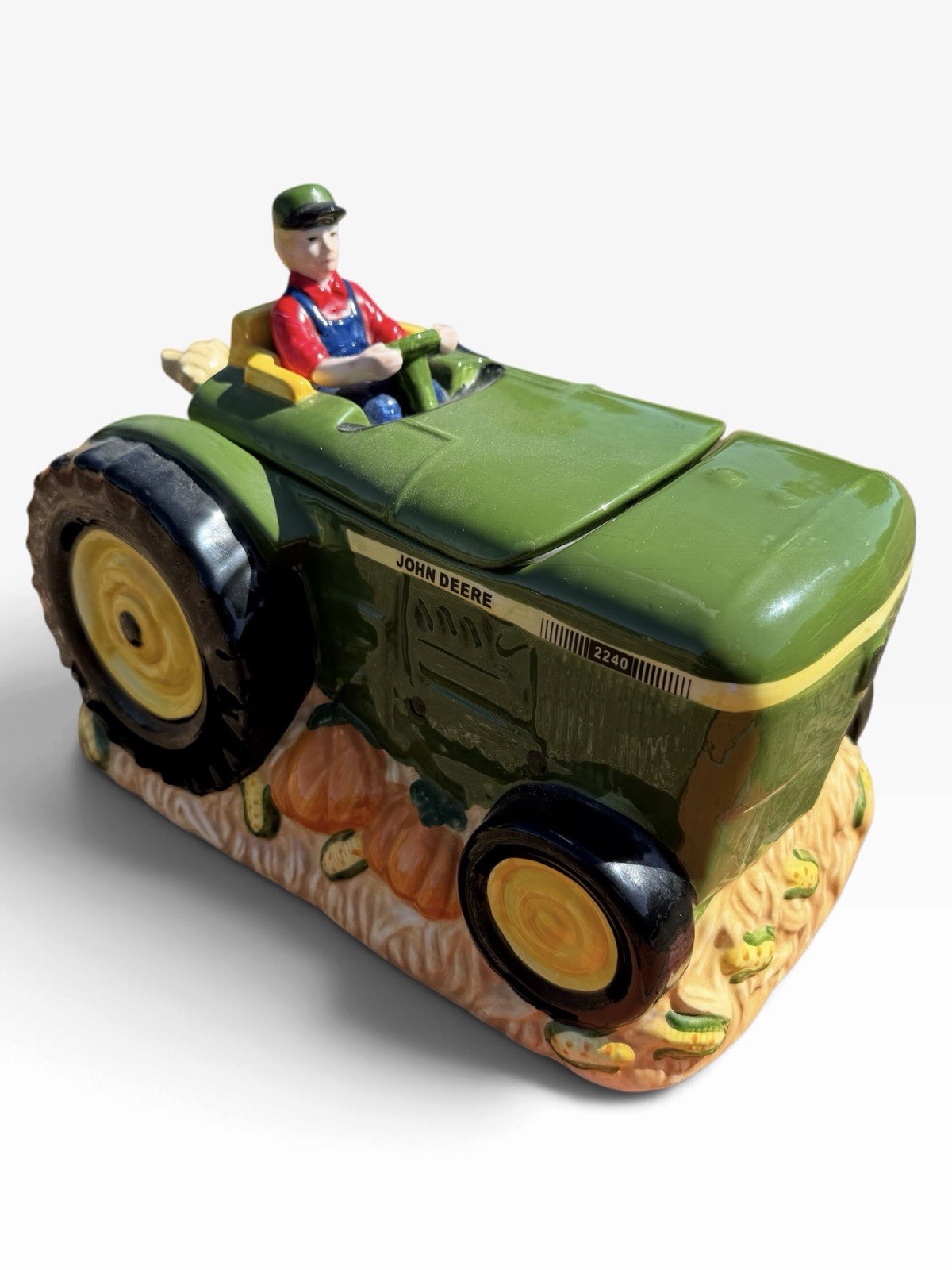Vintage 1990s John Deere Cookie Jar with Farmer, Corn, Pumpkins and Dog