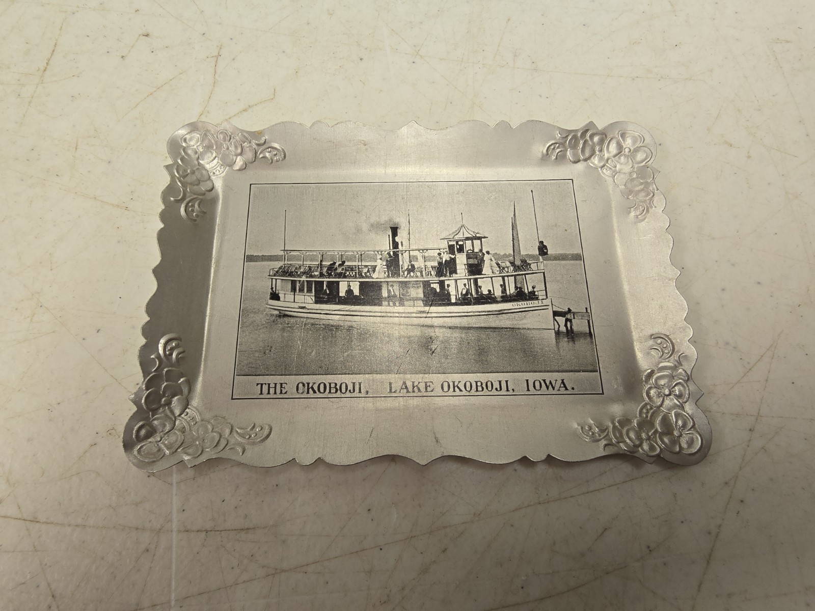 Antique Lake Okoboji Iowa Steamboat Advertising Souvenir Aluminum Tip Tray