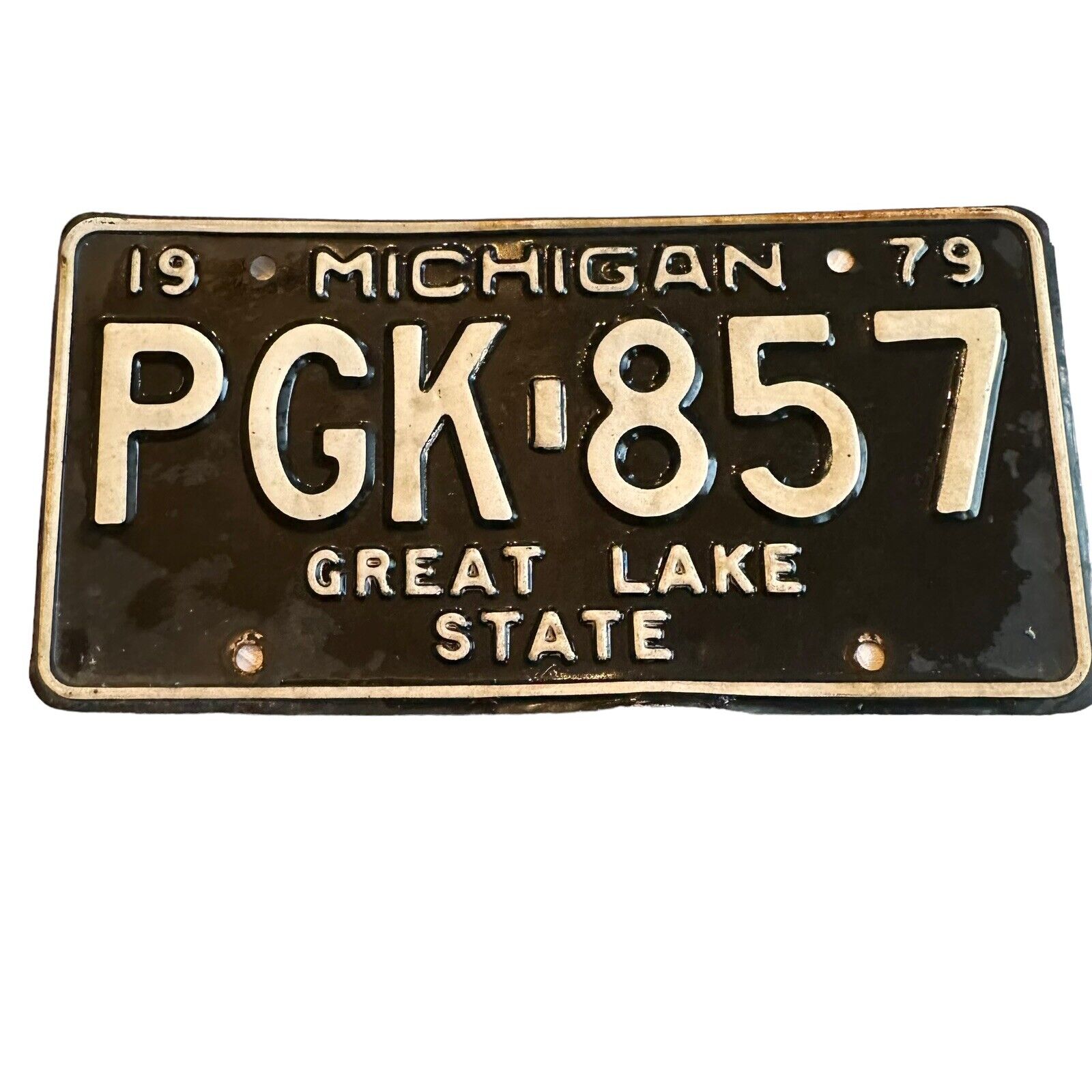 1979 Michigan License Plate PGK 857 Black White VINTAGE MAN CAVE WALL ART
