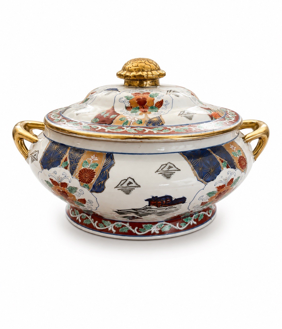Vintage Oval Lidded Japanese Style Imari Tureen With Gold Accents