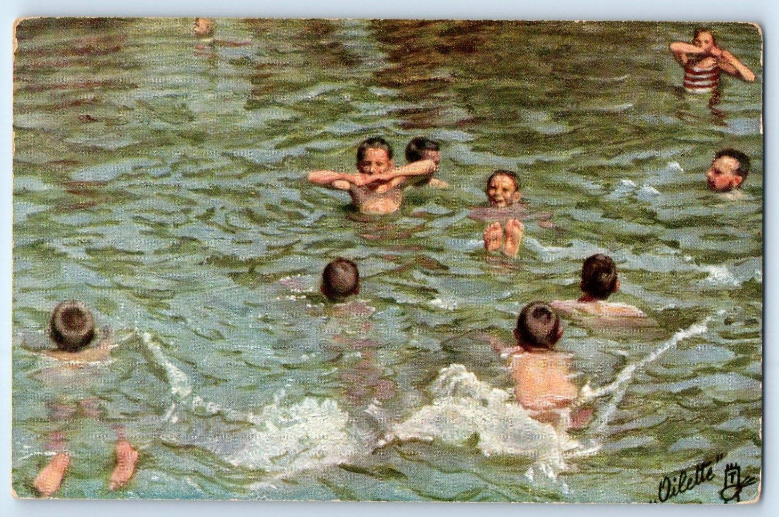 c1910's Childrens Swimming Hole Oilette Tuck Unposted Antique Postcard