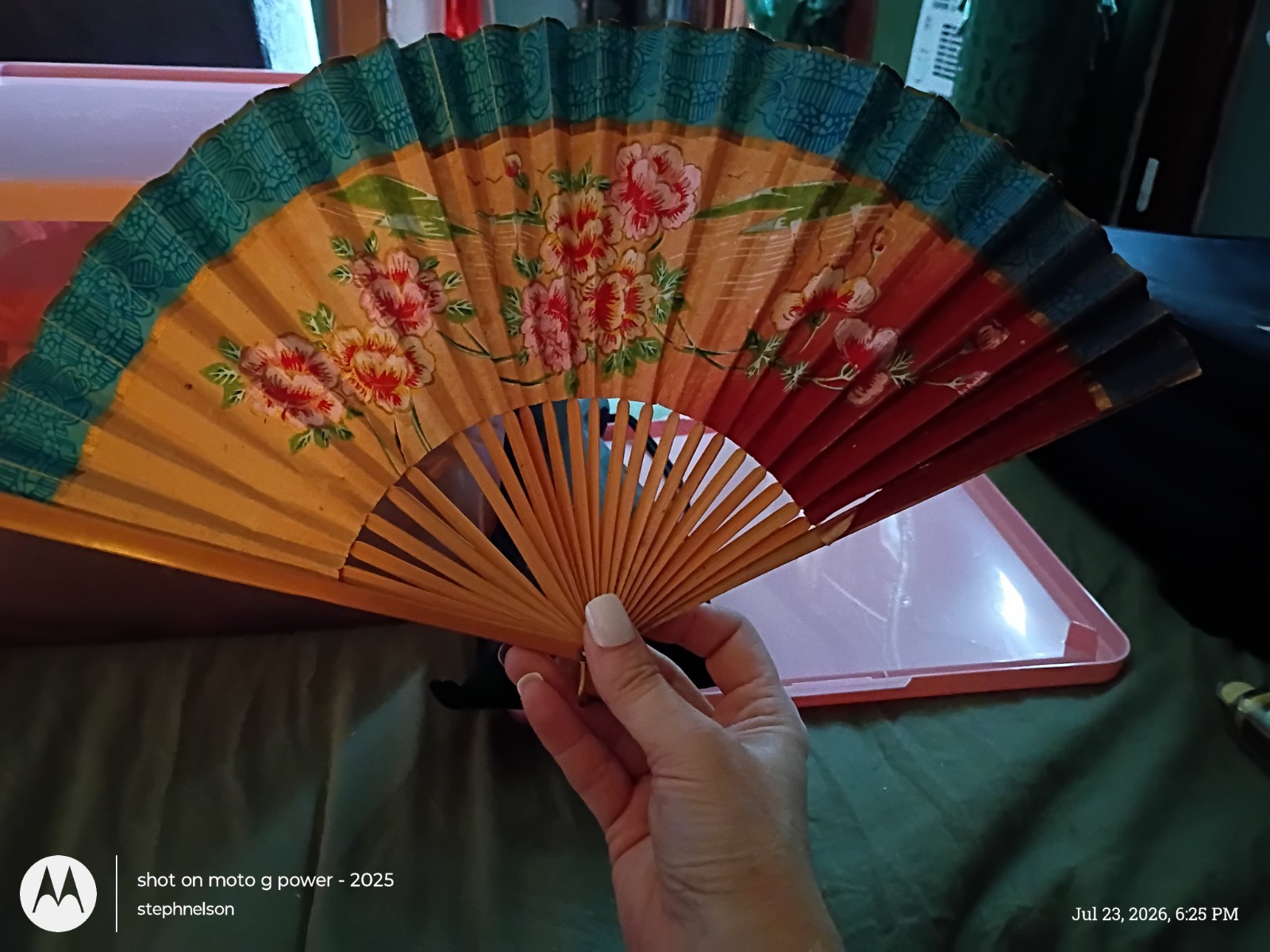 Vintage Occupied Japan Hand Painted Floral Folding Fan 1945-1952 Bamboo Paper...