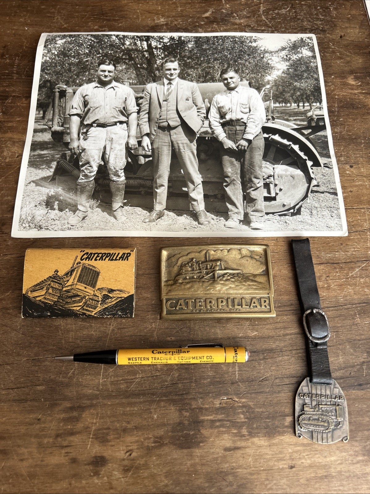 5 Vintage Caterpillar CAT Ad Dealer Promos FOB , Matches, Pic, Buckle & Pencil