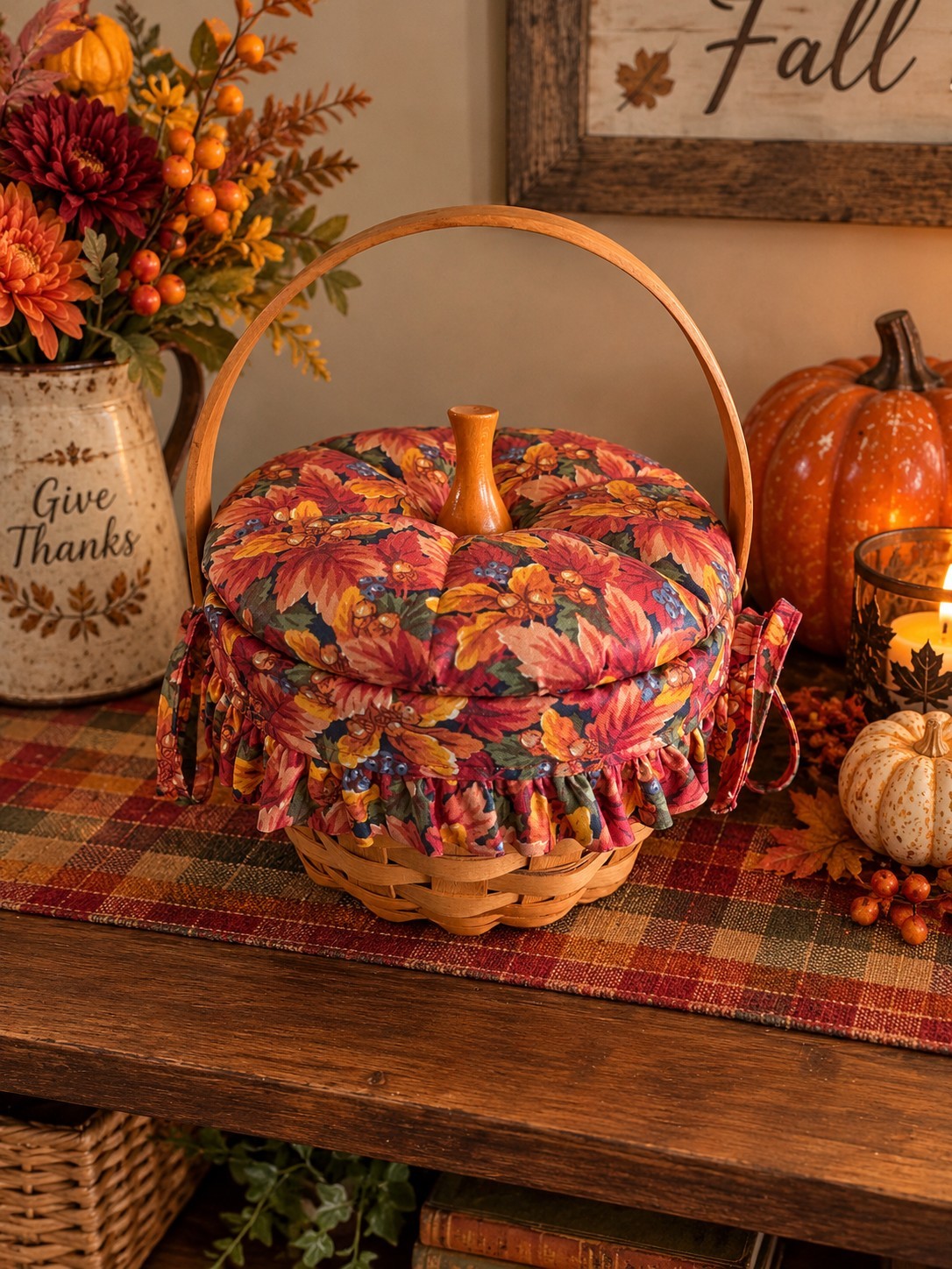 Vintage Longaberger Pumpkin Basket Combo with Lid and Fall Foliage Liner...