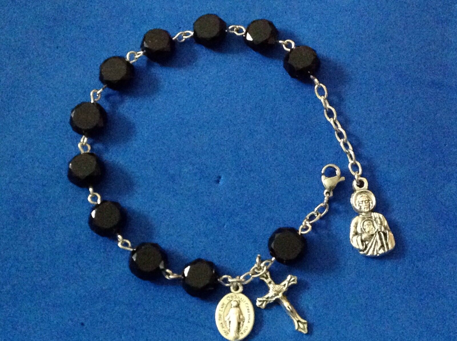 Custom St JUDE Jet CRYSTAL Rosary Bracelet Saint Medal Stainless 8mm 7-8” Wrist