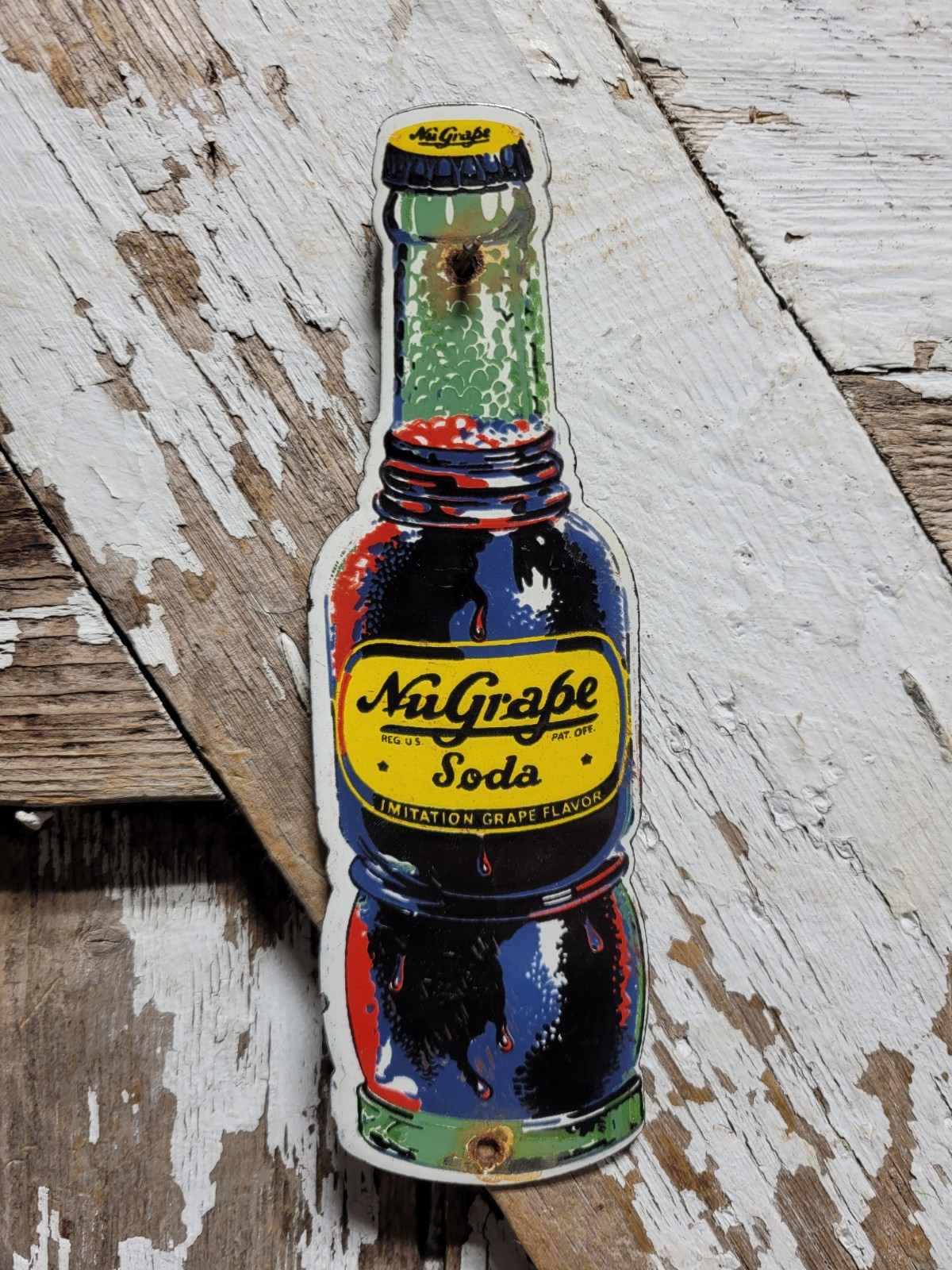 VINTAGE NUGRAPE SODA PORCELAIN SIGN OLD COLA BEVERAGE DIECUT POP BOTTLE NU GRAPE