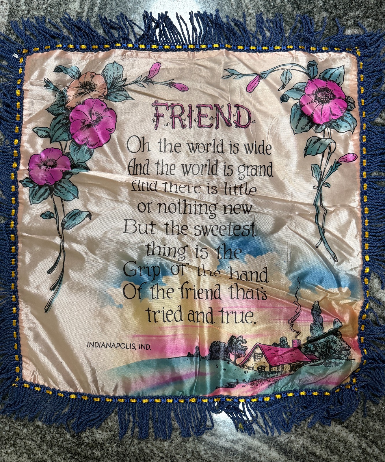 Vintage Indianapolis IN Friend Satin Souvenir Pillow Cover Fringe 17x17