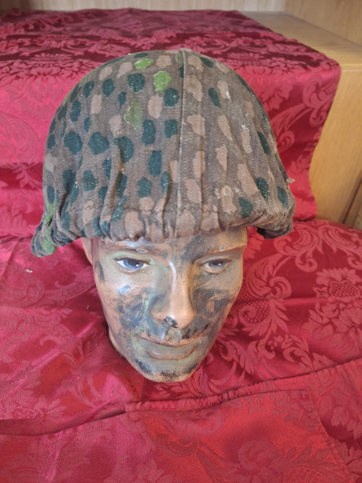 Rare WWII German Elite Helmet Cover Pea Dot 44 Camo HBT Original  Maker Stamped