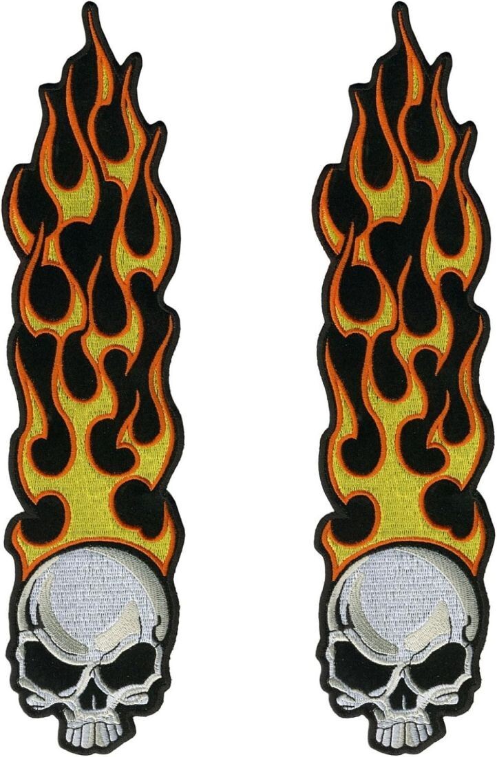 Long Flame Skull Embroidered Patch | 2PC IRON ON OR SEW ON 5\