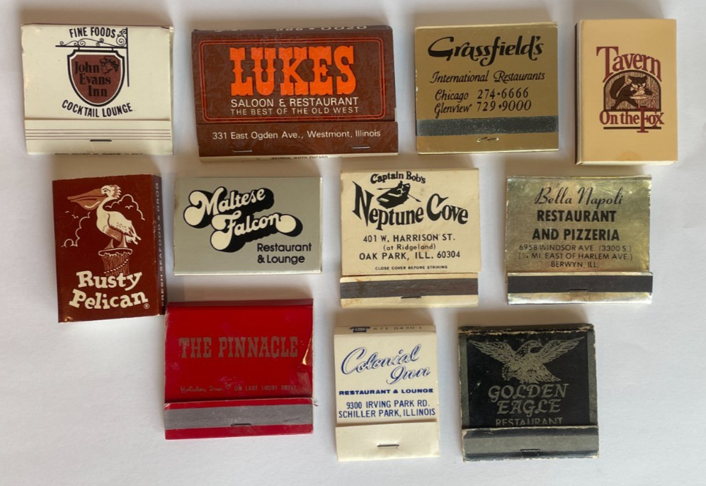 Vintage Chicago & Suburban Illinois Restaurant Matchbook Lot – 11 Pieces
