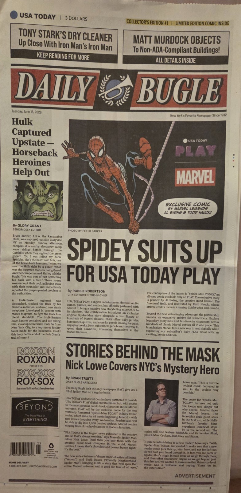 USA TODAY NEWSPAPER - JUNE 16, 2026 - DAILY BUGLE - MARVEL - NEW