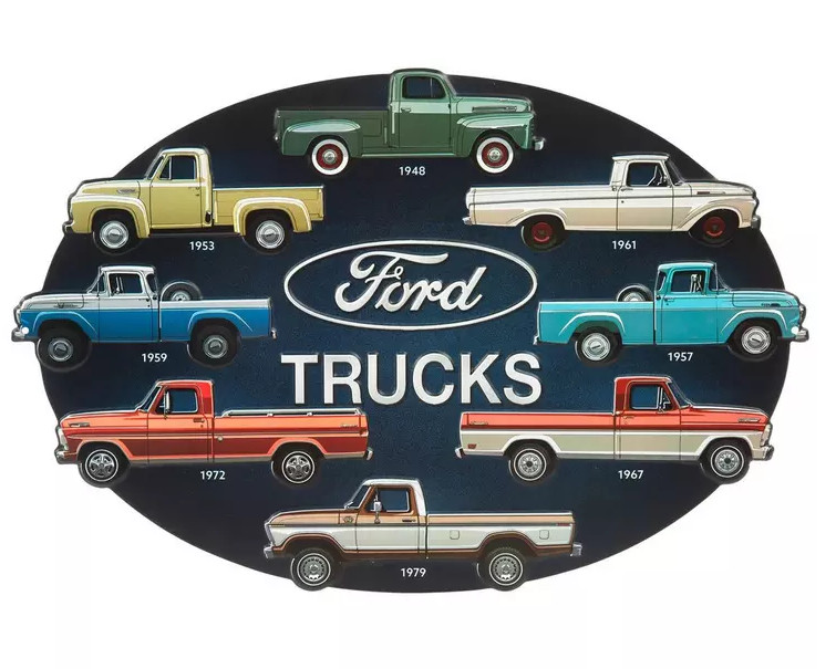 Ford Trucks Metal Sign Vintage 1940s to 1970s Mancave Garage 18x12