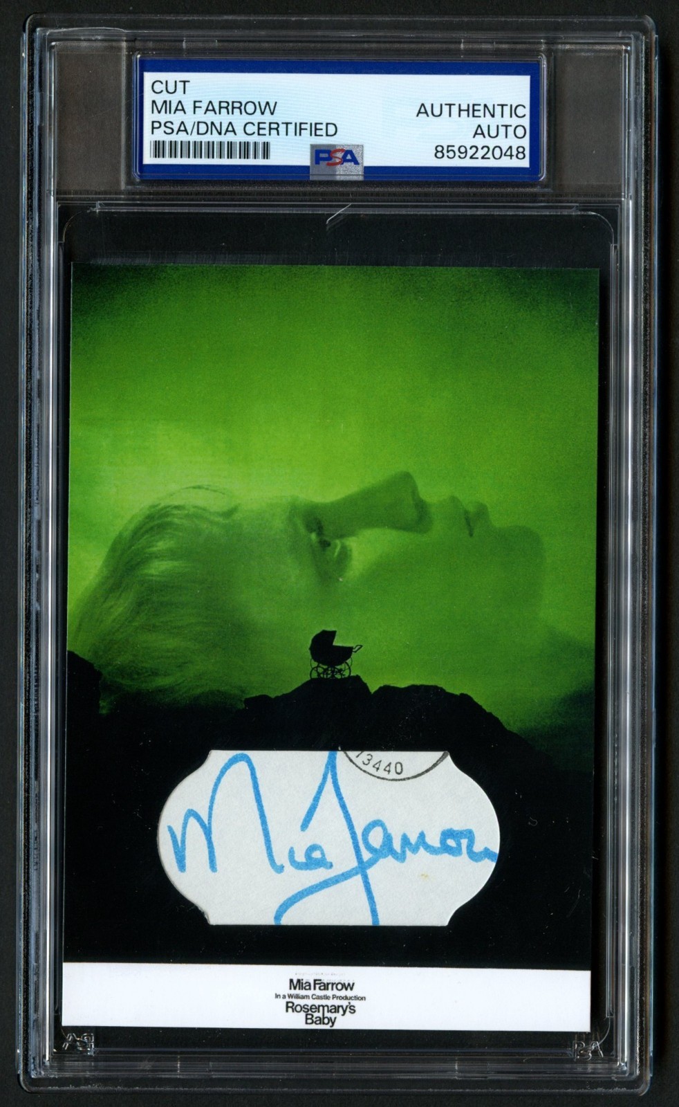 Mia Farrow signed autograph 3.5x5 Actress: Rosmary's Baby Custom Cut PSA Slabbed