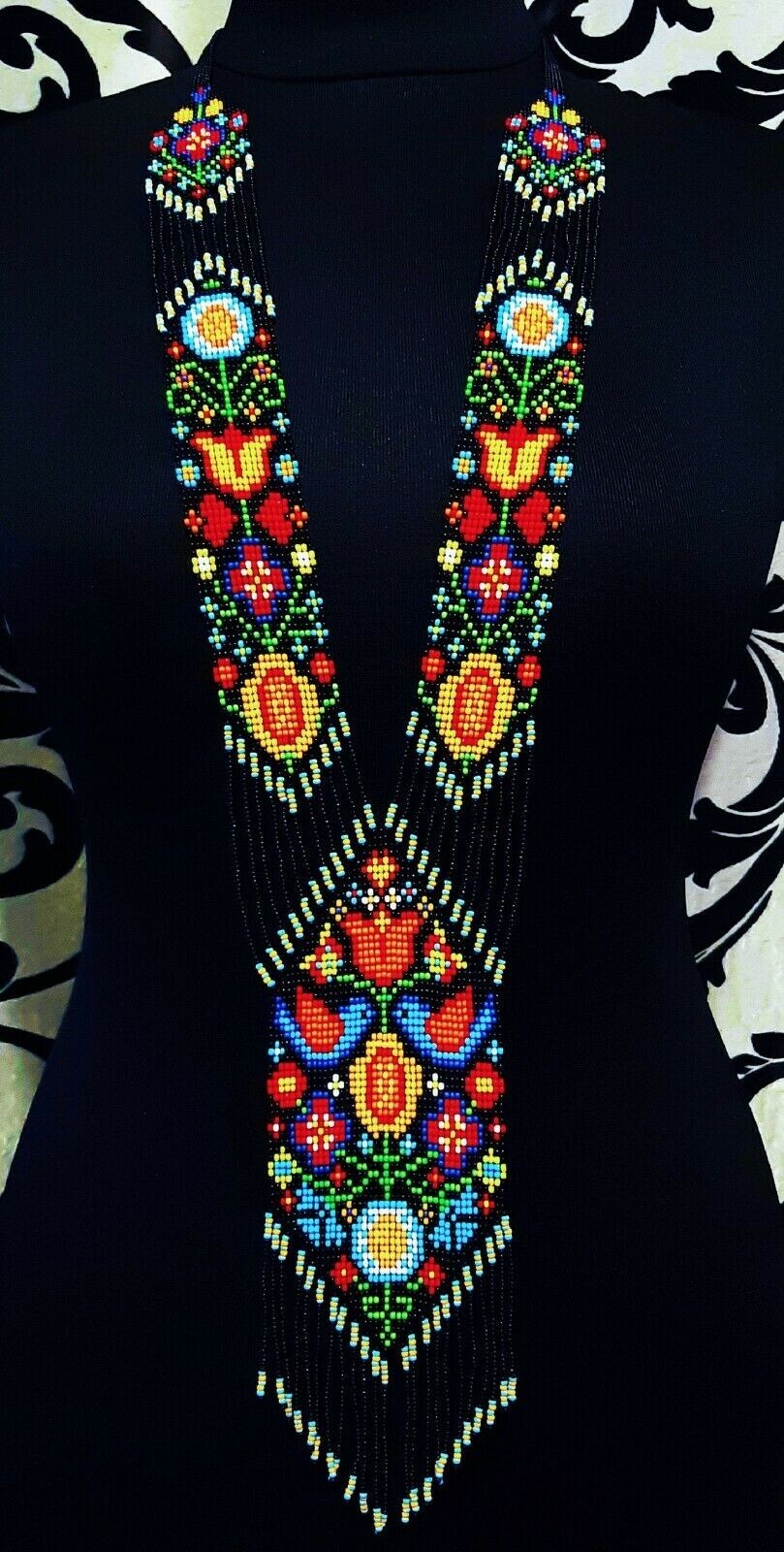 Huichol Indian Beaded Flower Necklace & Earrings Handmade Mexican Folk Art Boho