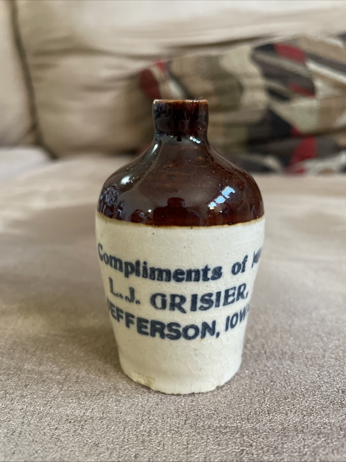 Iowa Mini Jug Jefferson Miniature IA Grisier Compliments Antique Bottle