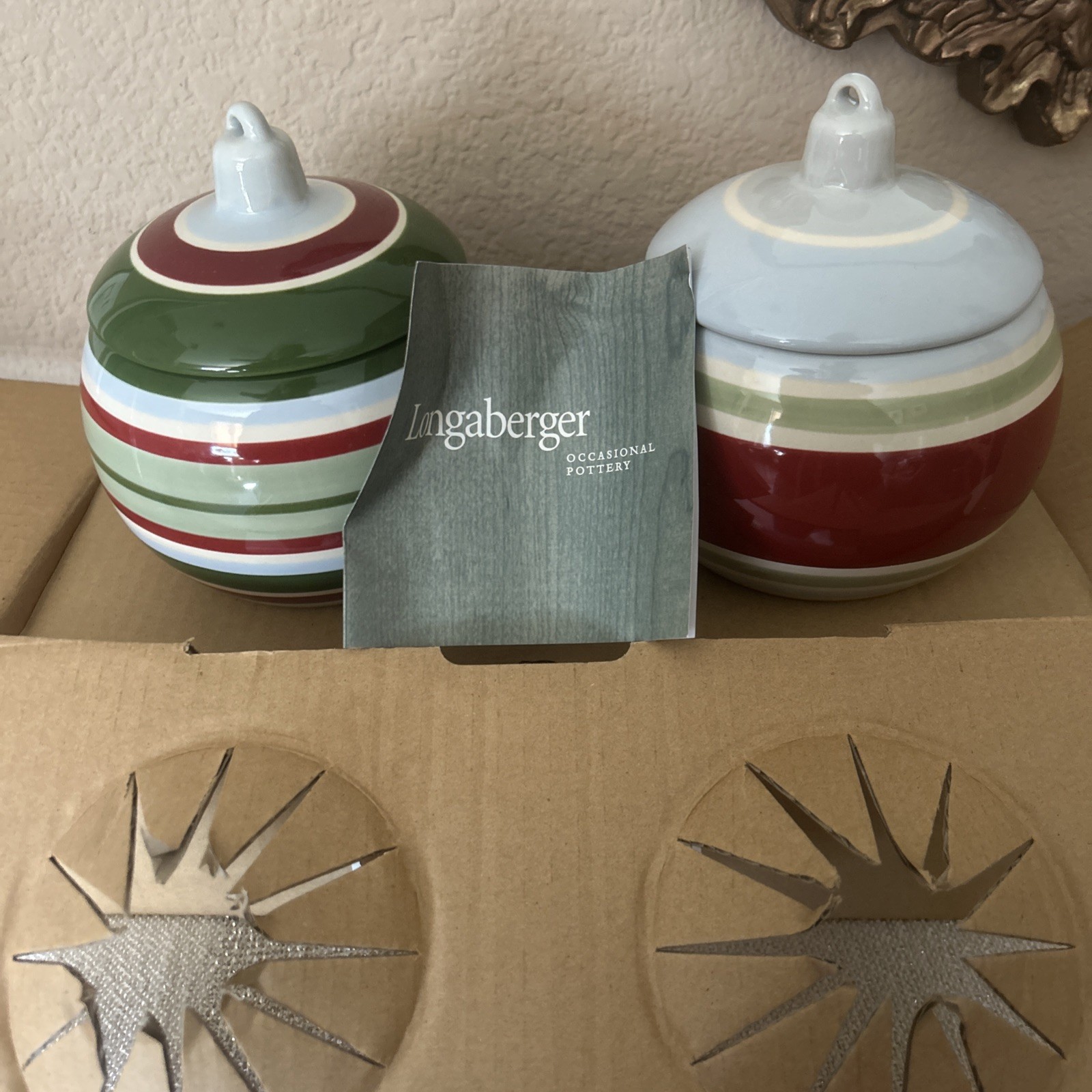 NOS 2-Longaberger Pottery Ornament Candle Holders Dip Bowls w/Lids 71426 NIB